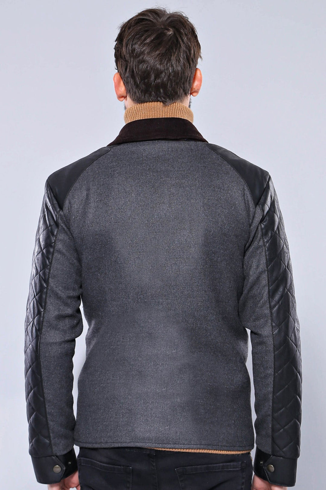 WSS Velvet Neck Zippered 4 Pockets Snap Buttones Quilted Black Men Leather Coat Jacket - Henderson