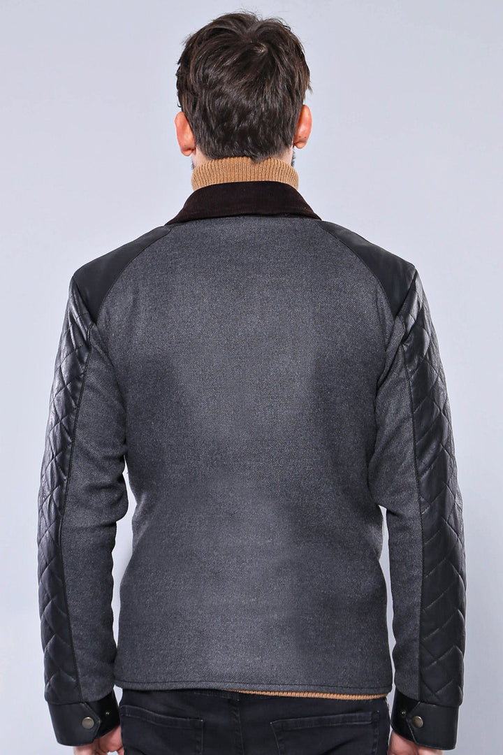 WSS Velvet Neck Zippered 4 Pockets Snap Buttones Quilted Black Men Leather Coat Jacket - Henderson