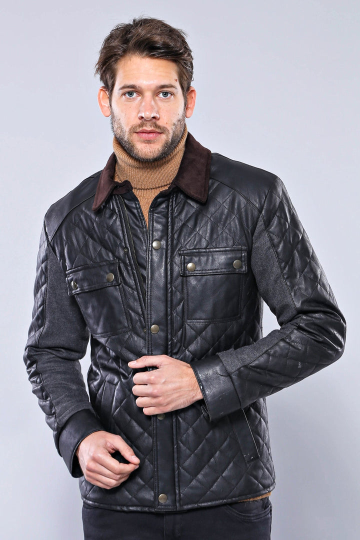 WSS Velvet Neck Zippered 4 Pockets Snap Buttones Quilted Black Men Leather Coat Jacket - Henderson