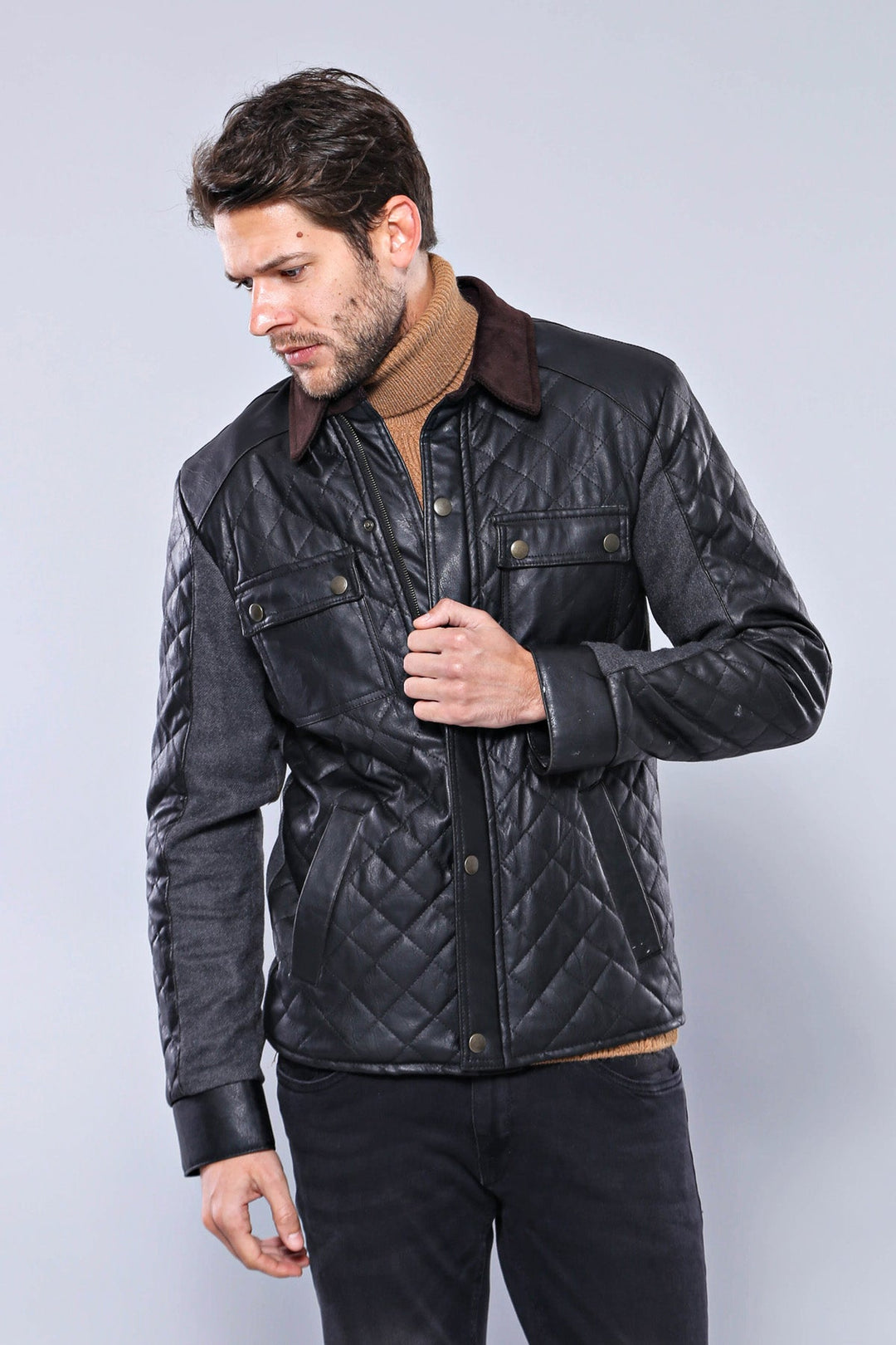WSS Velvet Neck Zippered 4 Pockets Snap Buttones Quilted Black Men Leather Coat Jacket - Henderson