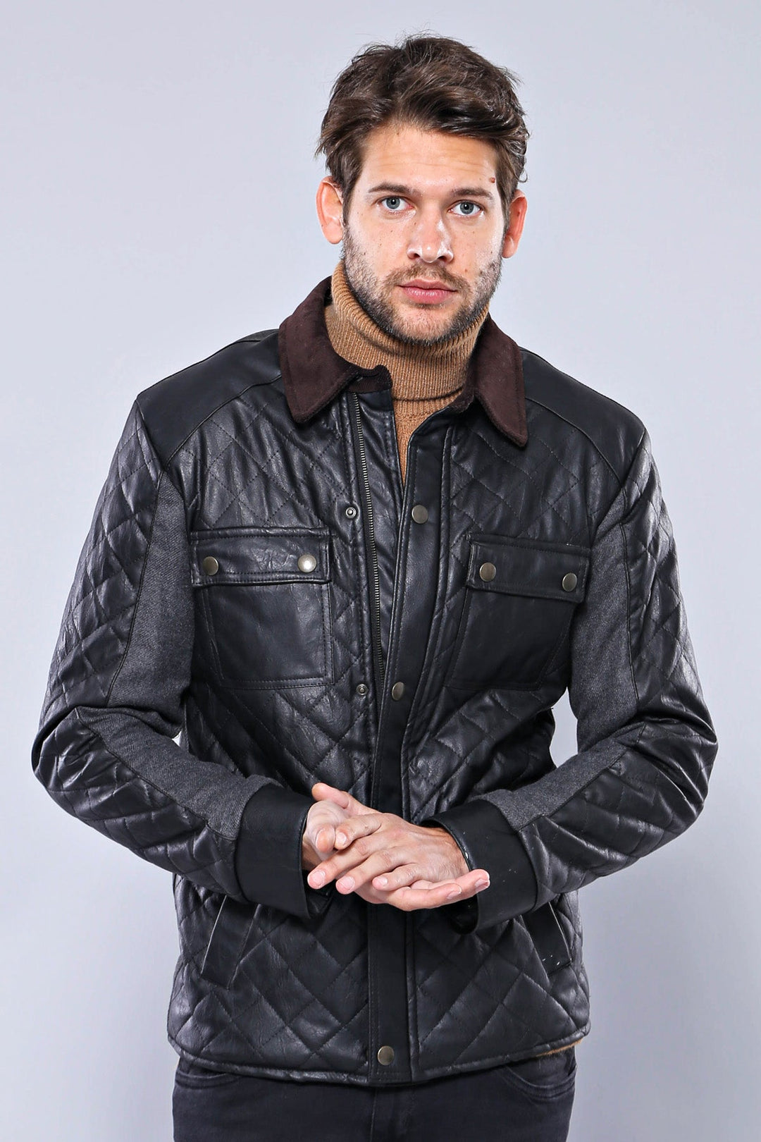 WSS Velvet Neck Zippered 4 Pockets Snap Buttones Quilted Black Men Leather Coat Jacket - Henderson