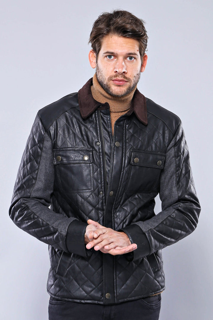 WSS Velvet Neck Zippered 4 Pockets Snap Buttones Quilted Black Men Leather Coat Jacket - Henderson
