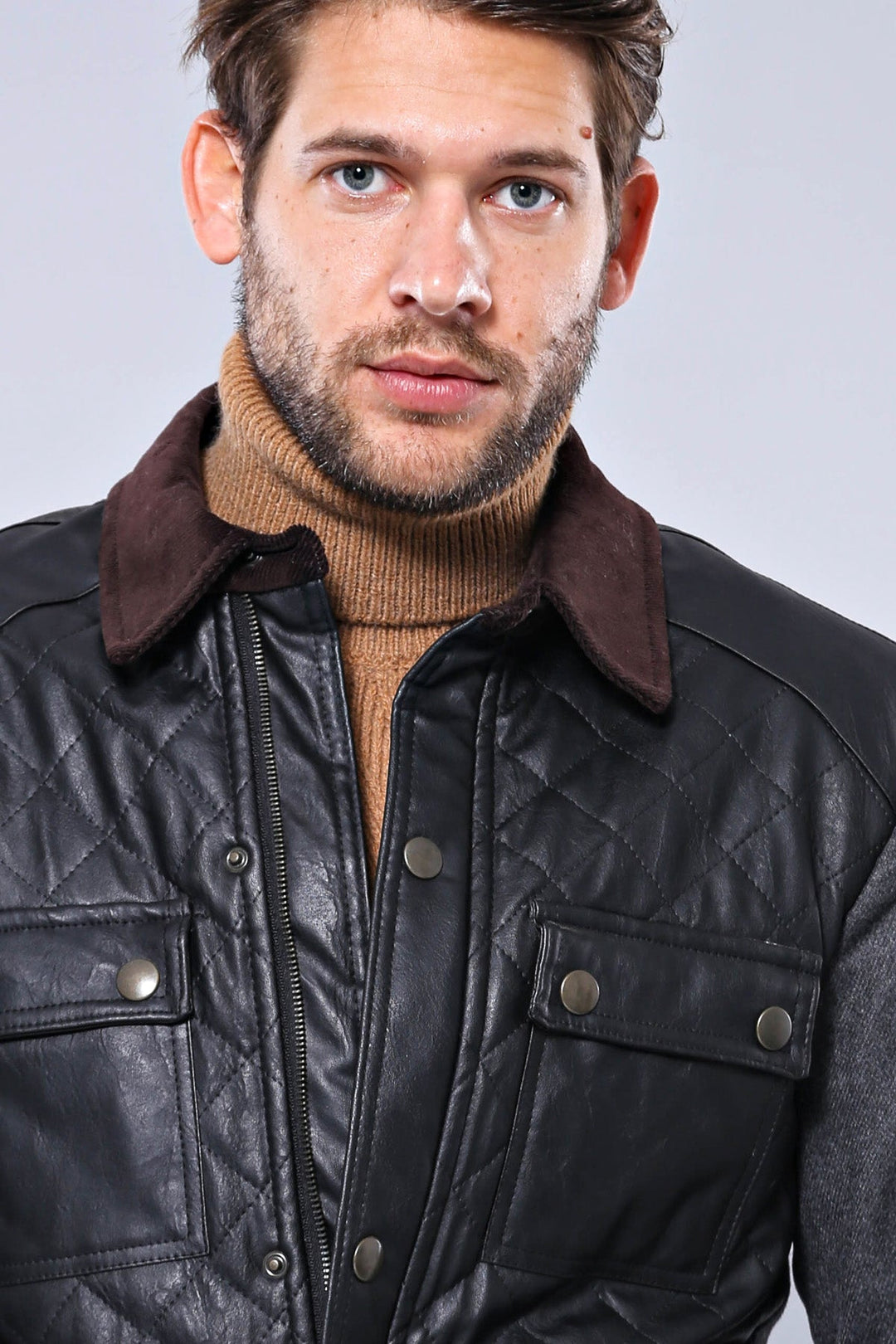 WSS Velvet Neck Zippered 4 Pockets Snap Buttones Quilted Black Men Leather Coat Jacket - Henderson