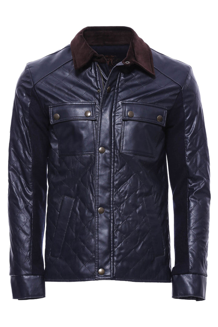 WSS Velvet Neck Zippered 4 Pockets Snap Buttones Quilted Navy Blue Men Leather Coat Jacket - Thornton