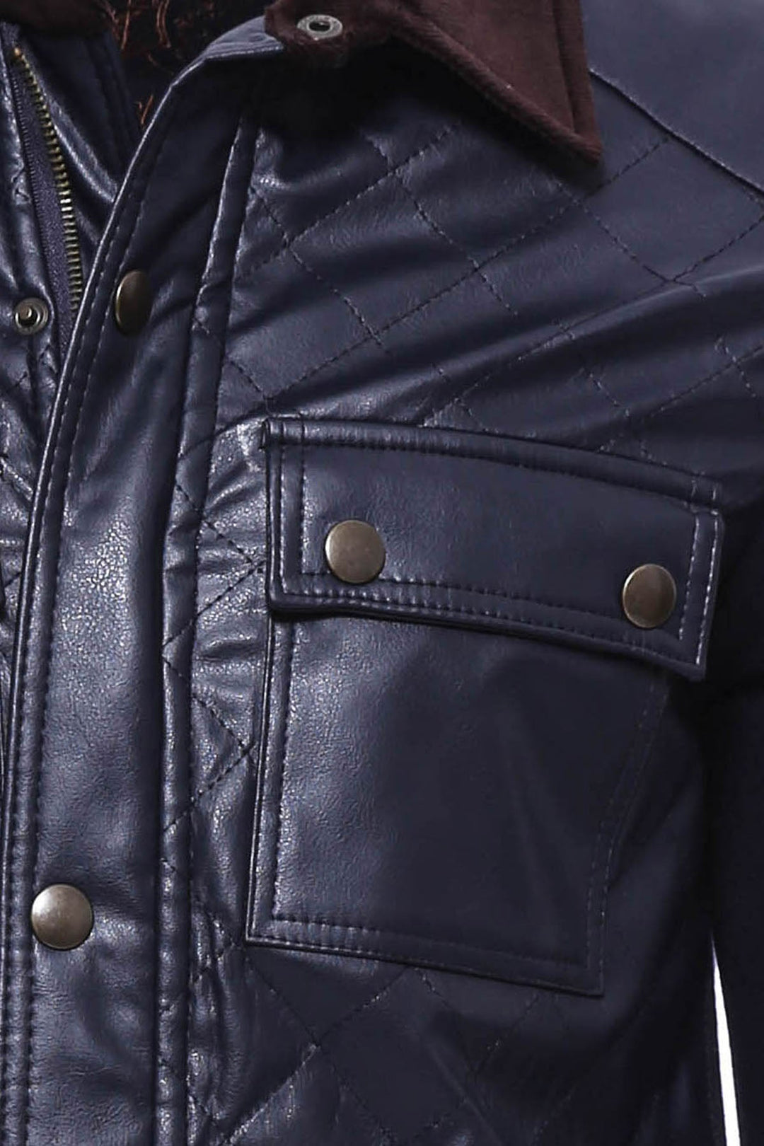 WSS Velvet Neck Zippered 4 Pockets Snap Buttones Quilted Navy Blue Men Leather Coat Jacket - Thornton