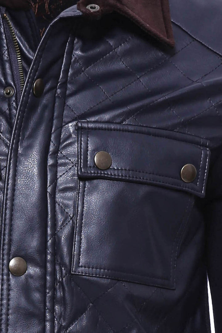 WSS Velvet Neck Zippered 4 Pockets Snap Buttones Quilted Navy Blue Men Leather Coat Jacket - Thornton