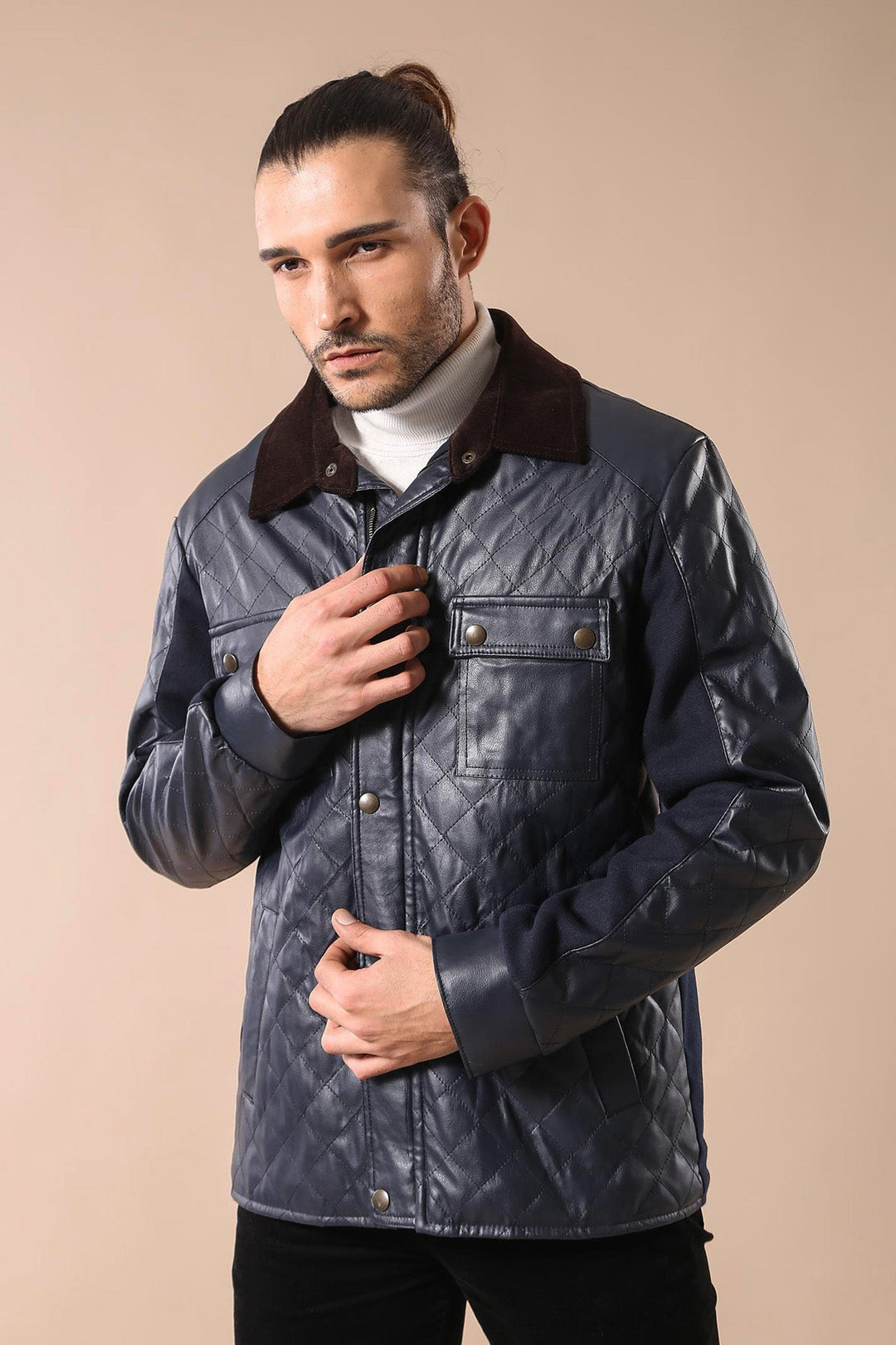 WSS Velvet Neck Zippered 4 Pockets Snap Buttones Quilted Navy Blue Men Leather Coat Jacket - Thornton