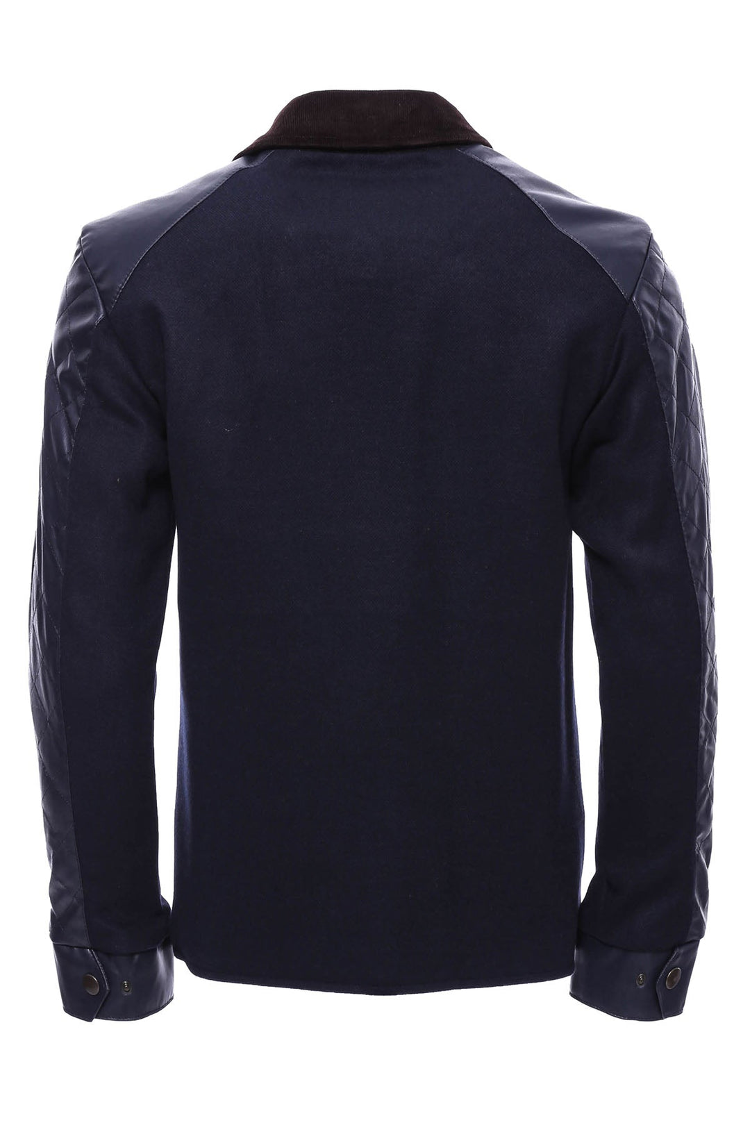 WSS Velvet Neck Zippered 4 Pockets Snap Buttones Quilted Navy Blue Men Leather Coat Jacket - Thornton