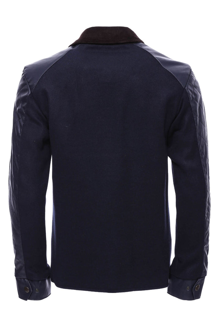 WSS Velvet Neck Zippered 4 Pockets Snap Buttones Quilted Navy Blue Men Leather Coat Jacket - Thornton