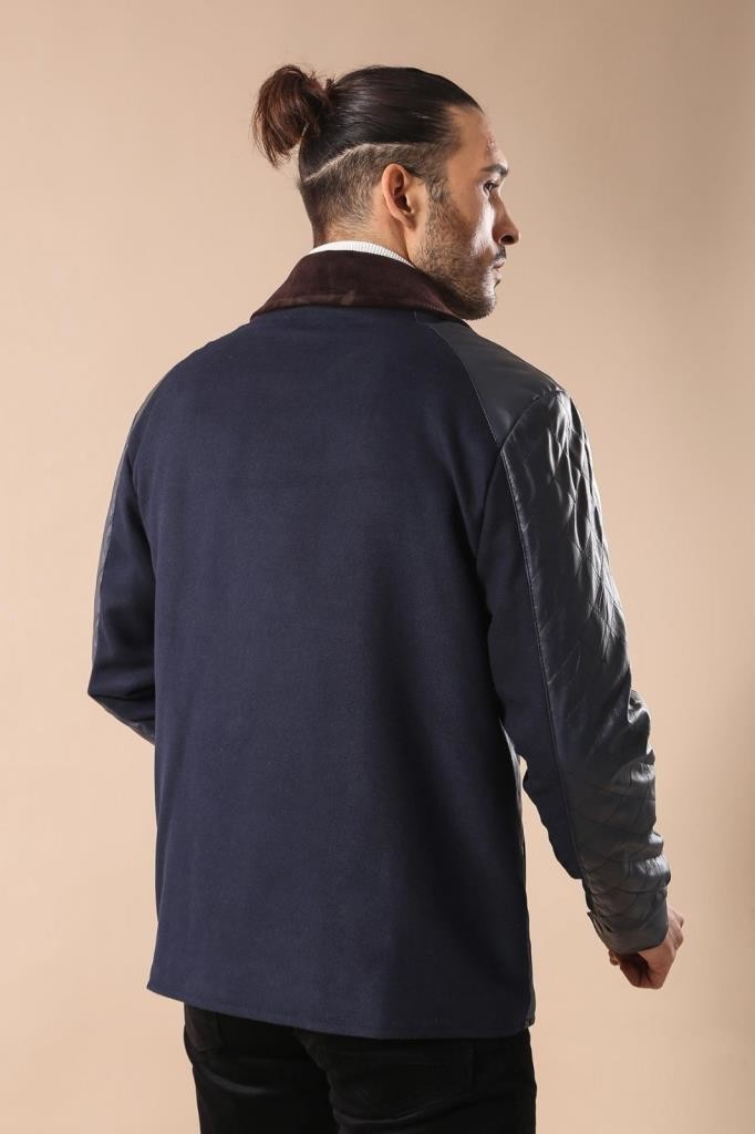 WSS Velvet Neck Zippered 4 Pockets Snap Buttones Quilted Navy Blue Men Leather Coat Jacket - Thornton