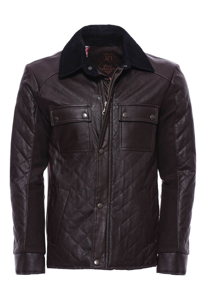 WSS Velvet Neck Zippered 4 Pockets Snap Buttones Quilted Brown Men Leather Coat Jacket - Cuauhtémoc