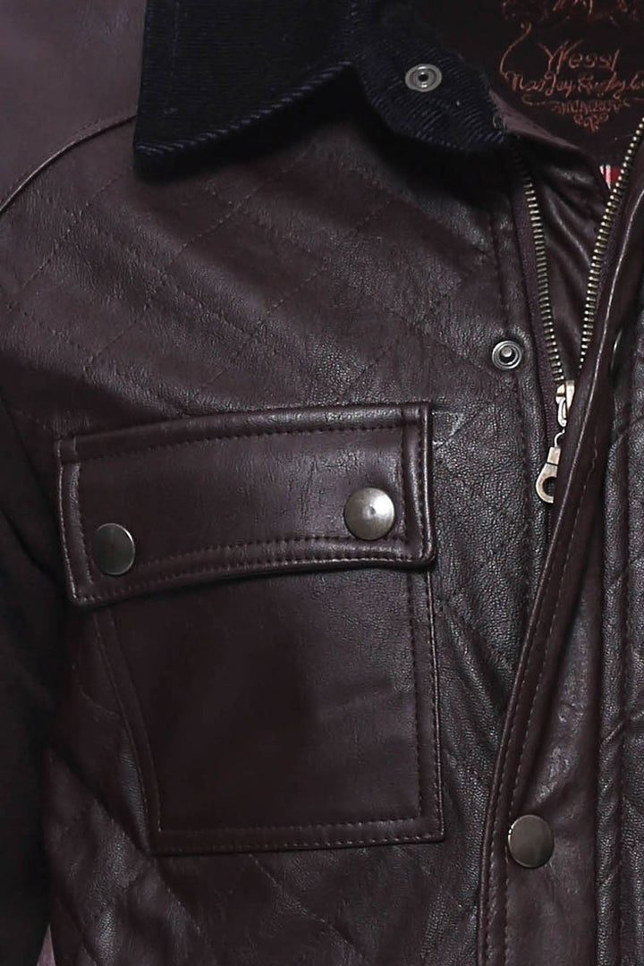 WSS Velvet Neck Zippered 4 Pockets Snap Buttones Quilted Brown Men Leather Coat Jacket - Cuauhtémoc