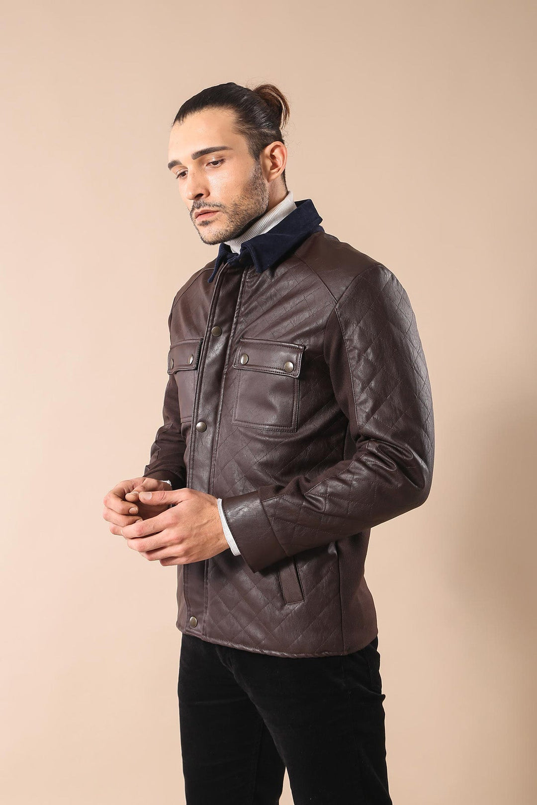 WSS Velvet Neck Zippered 4 Pockets Snap Buttones Quilted Brown Men Leather Coat Jacket - Cuauhtémoc
