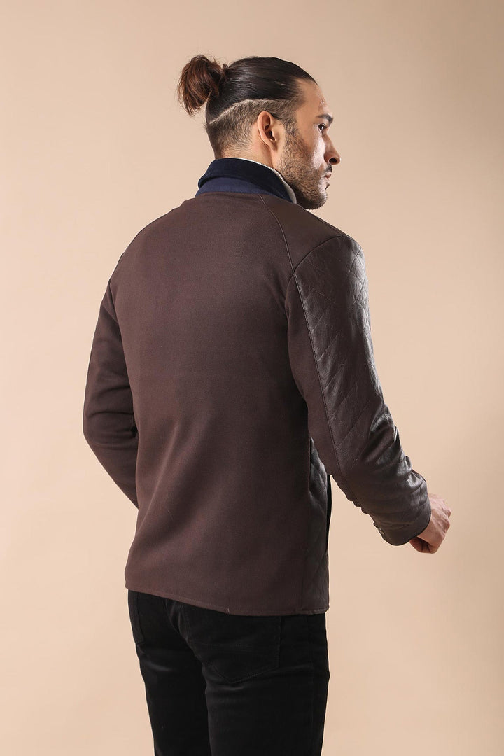WSS Velvet Neck Zippered 4 Pockets Snap Buttones Quilted Brown Men Leather Coat Jacket - Cuauhtémoc
