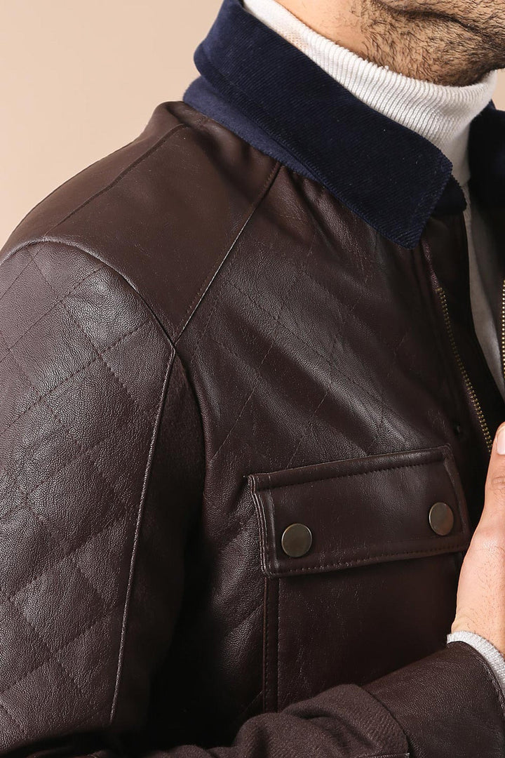 WSS Velvet Neck Zippered 4 Pockets Snap Buttones Quilted Brown Men Leather Coat Jacket - Cuauhtémoc