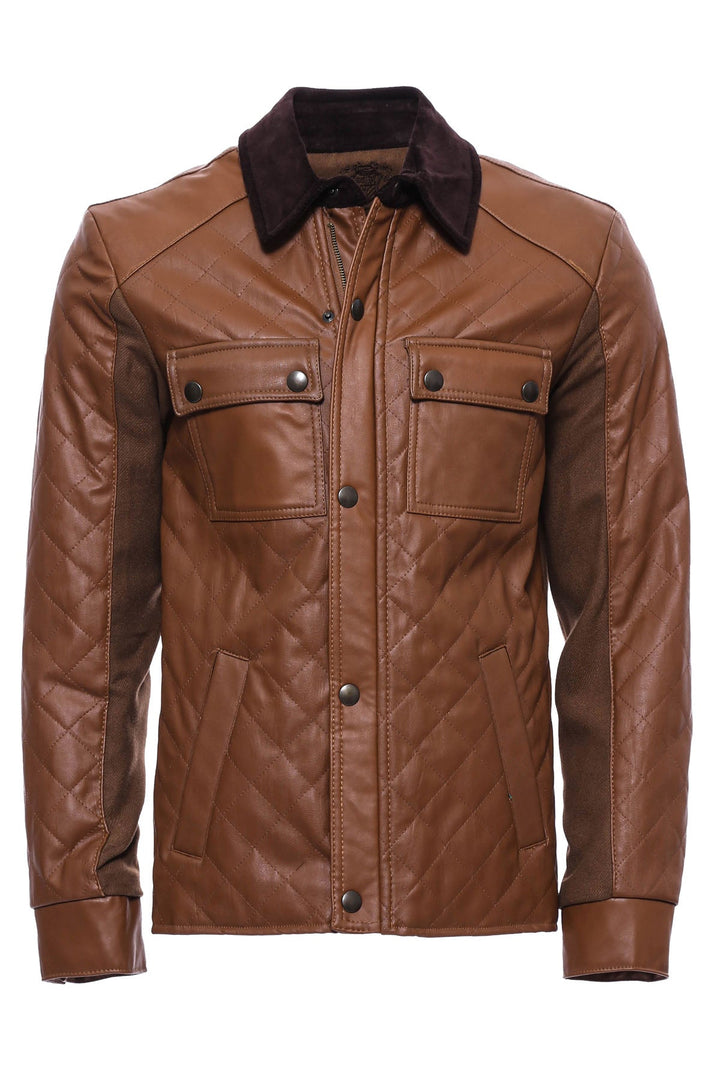 WSS Velvet Neck Zippered 4 Pockets Snap Buttones Quilted Tan Men Leather Coat Jacket - Bondy