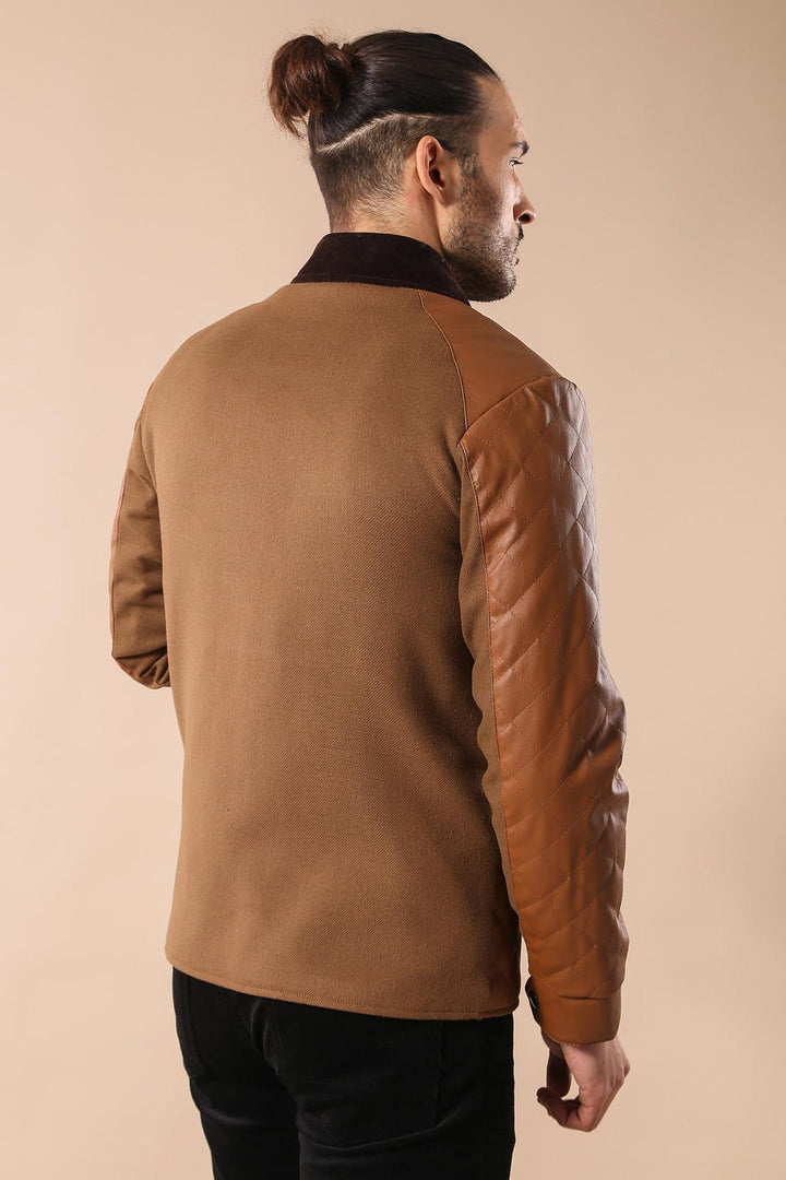WSS Velvet Neck Zippered 4 Pockets Snap Buttones Quilted Tan Men Leather Coat Jacket - Bondy