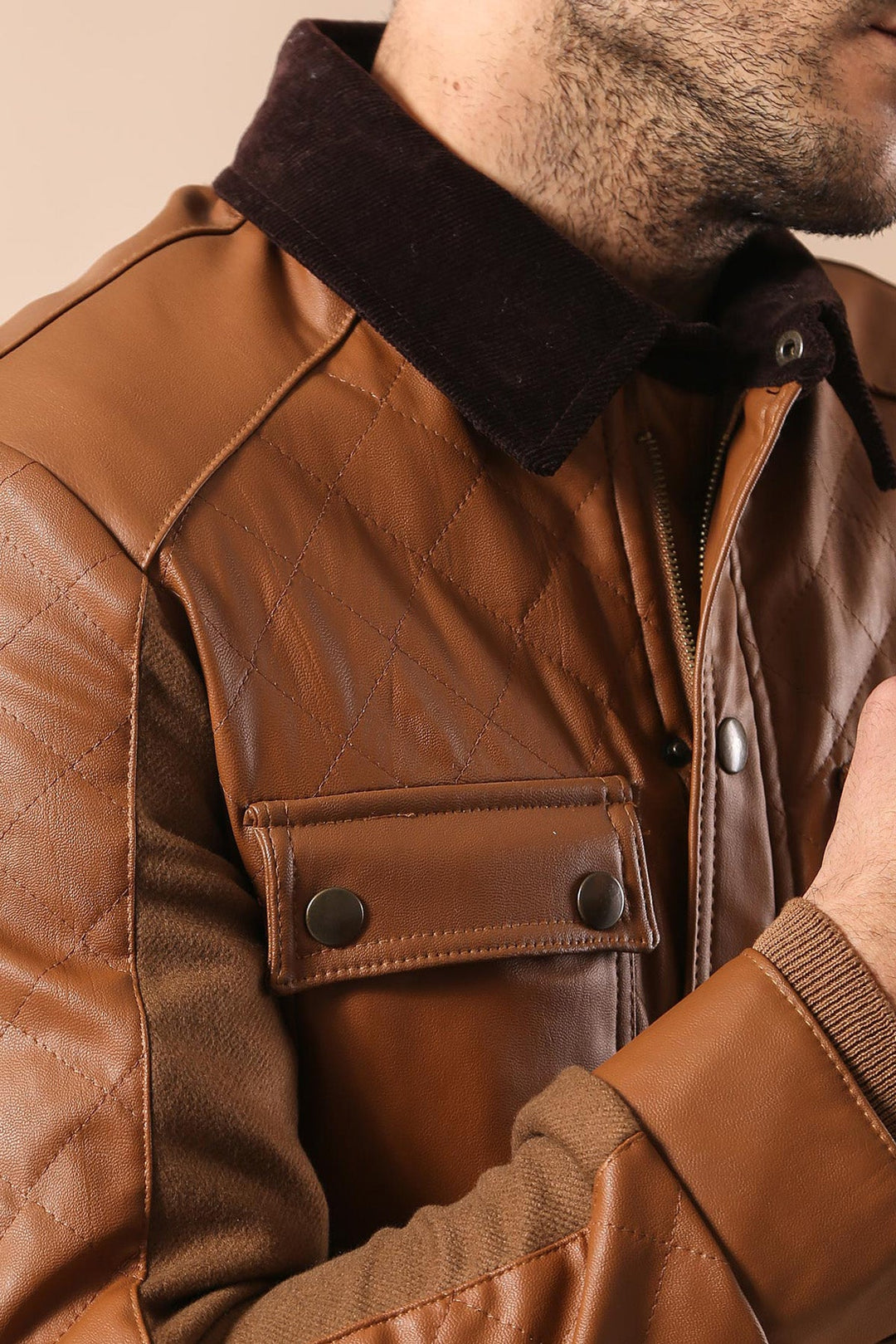 WSS Velvet Neck Zippered 4 Pockets Snap Buttones Quilted Tan Men Leather Coat Jacket - Bondy
