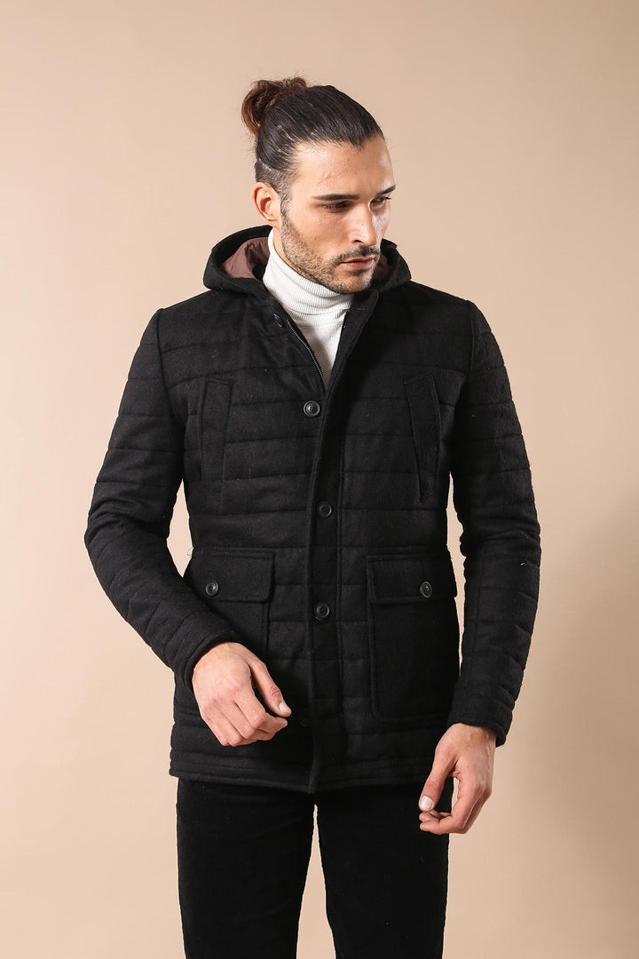 WSS Bag Pocket Felt Hooded 4 Pocket Black Coat- - Ciudad Manuel Doblado