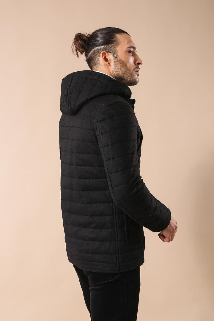WSS Bag Pocket Felt Hooded 4 Pocket Black Coat- - Ciudad Manuel Doblado