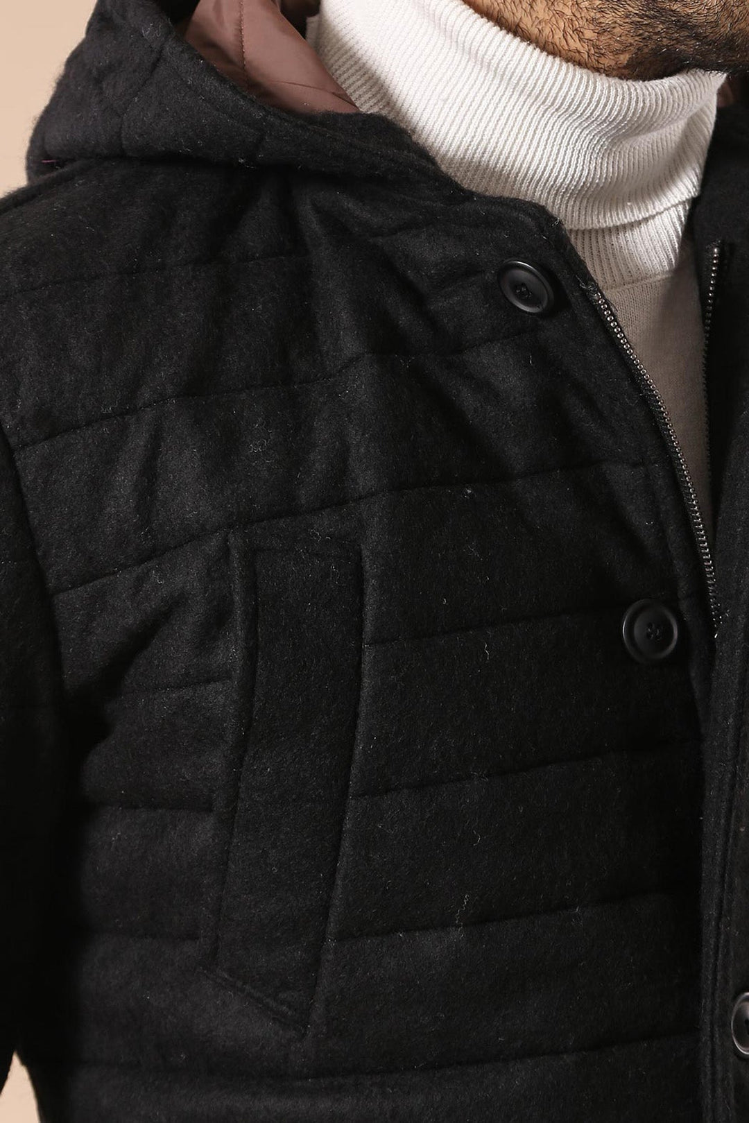 WSS Bag Pocket Felt Hooded 4 Pocket Black Coat- - Ciudad Manuel Doblado