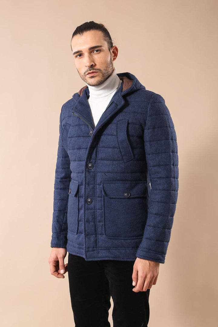WSS Bag Pocket Felt Hooded 4 Pocket Navy Blue Coat- - Pittsburgh