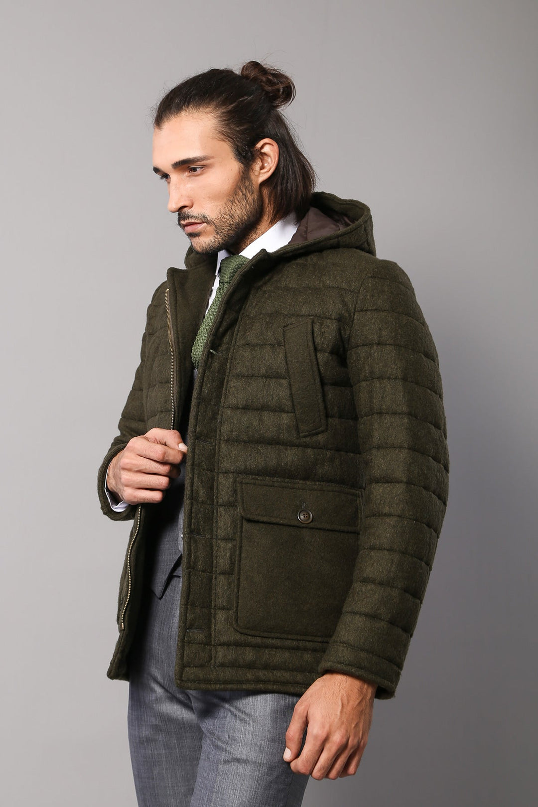 WSS Bag Pocket Felt Hooded 4 Pocket Green Coat- - Elizabeth