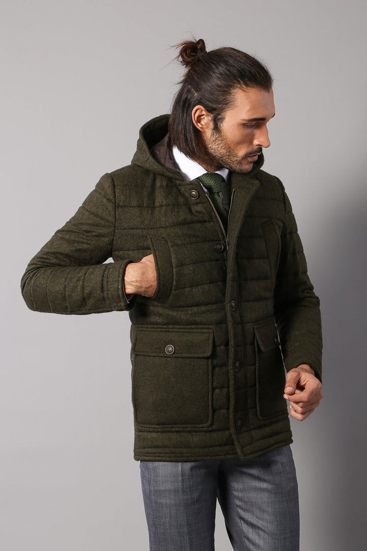 WSS Bag Pocket Felt Hooded 4 Pocket Green Coat- - Elizabeth