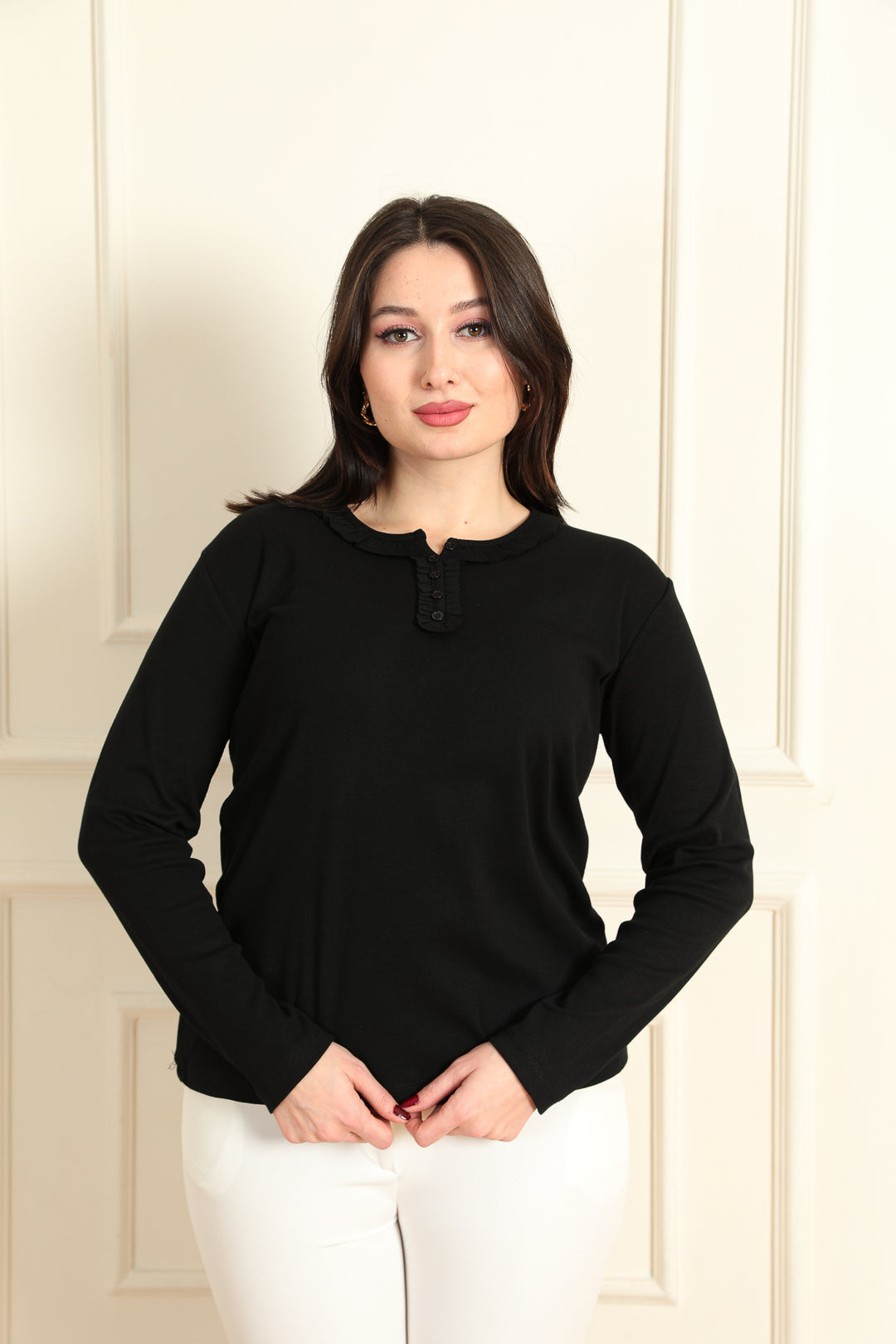 MPL Women's Ruffled Buttoned Bicycle Neck Long Sleeve Blouse 2100 - Abbotsford