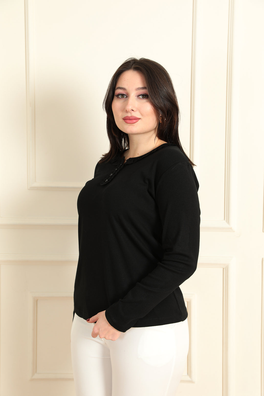 MPL Women's Ruffled Buttoned Bicycle Neck Long Sleeve Blouse 2100 - Abbotsford