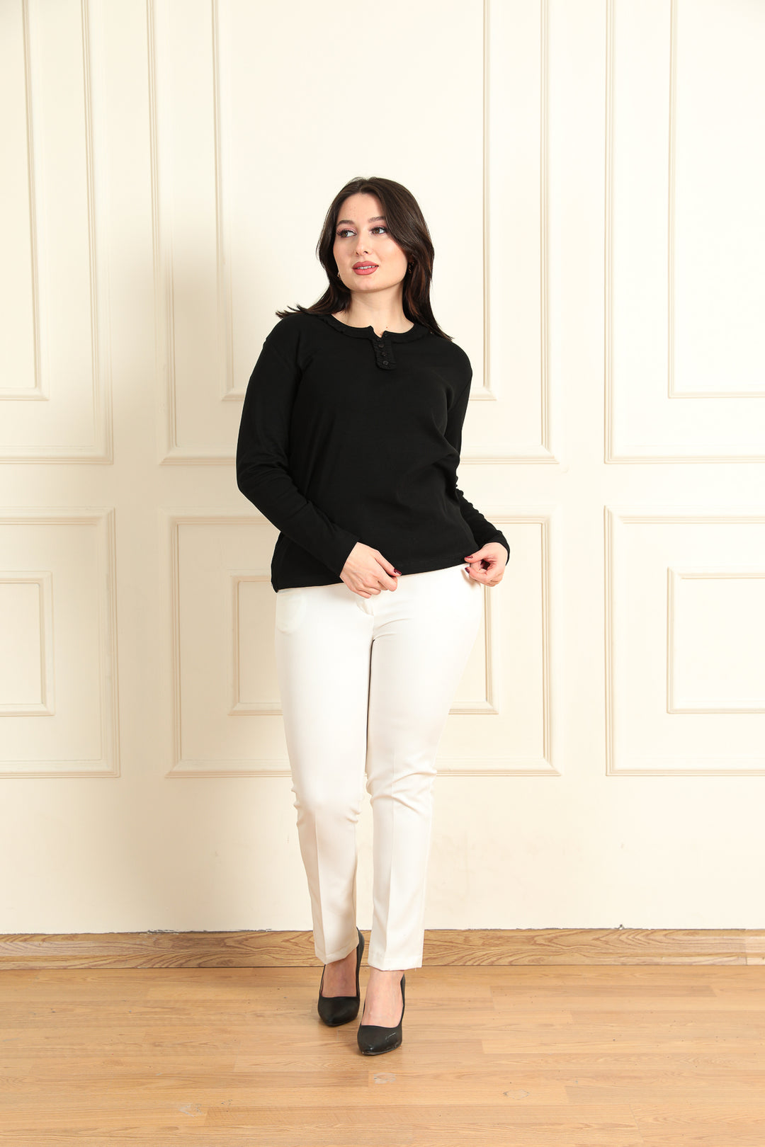 MPL Women's Ruffled Buttoned Bicycle Neck Long Sleeve Blouse 2100 - Abbotsford