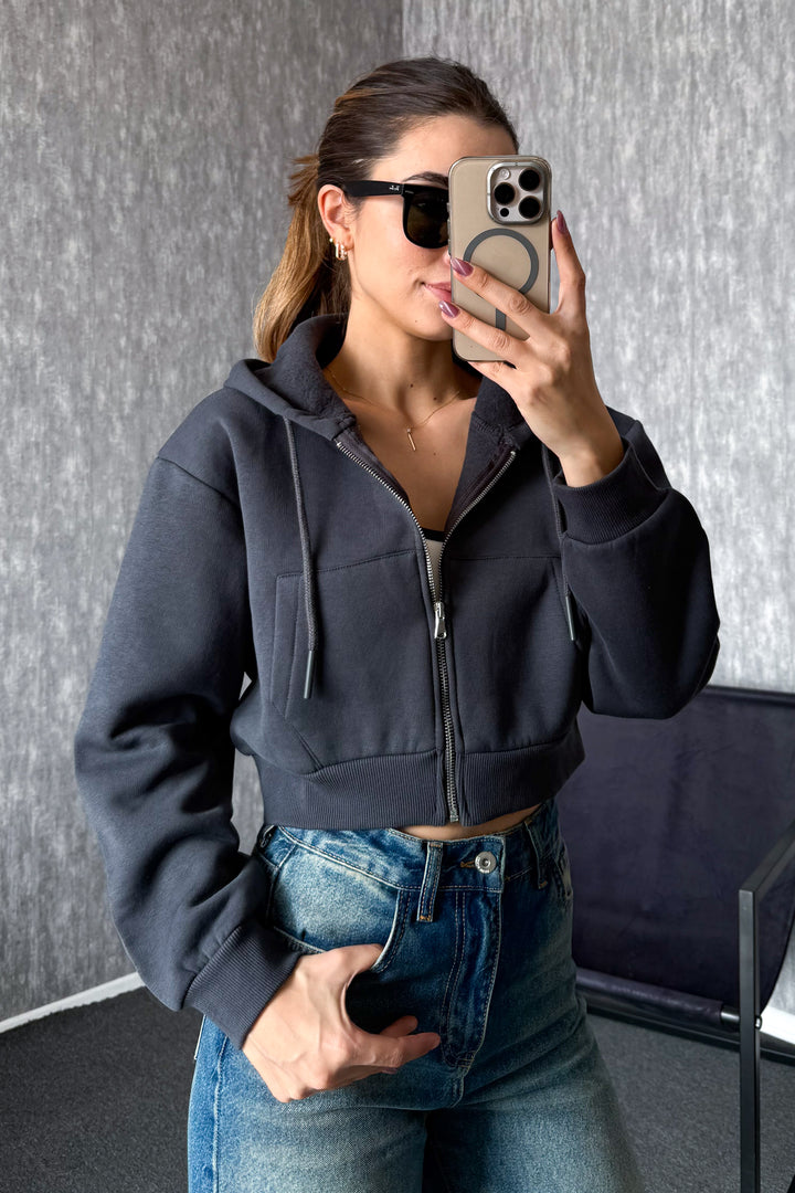 MPL Woman 3 String Hooded Saşaş Short Metal Zippered Sweatshirt 21652 - Massa