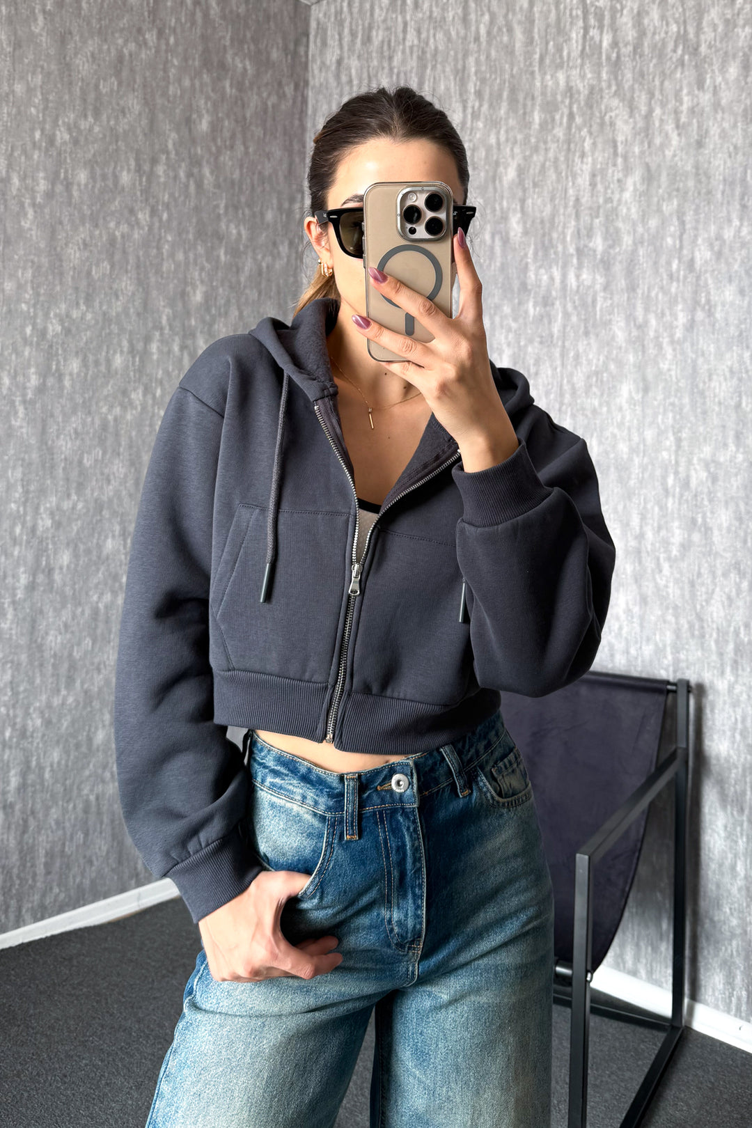MPL Woman 3 String Hooded Saşaş Short Metal Zippered Sweatshirt 21652 - Massa