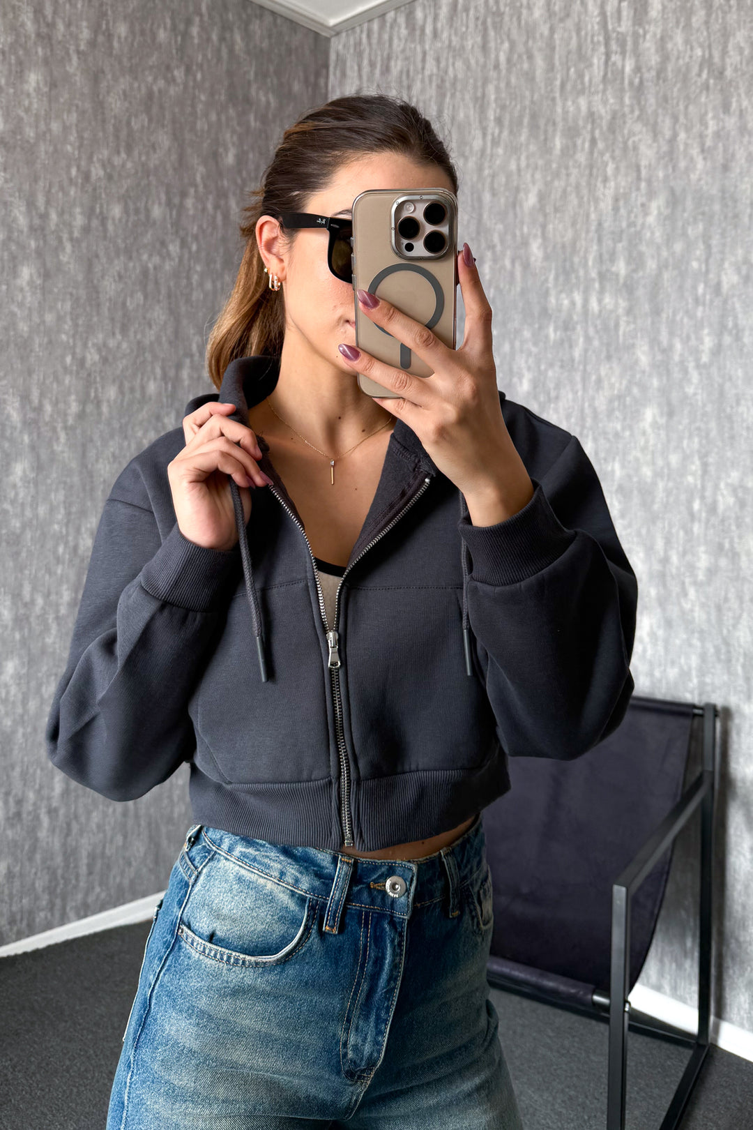 MPL Woman 3 String Hooded Saşaş Short Metal Zippered Sweatshirt 21652 - Massa
