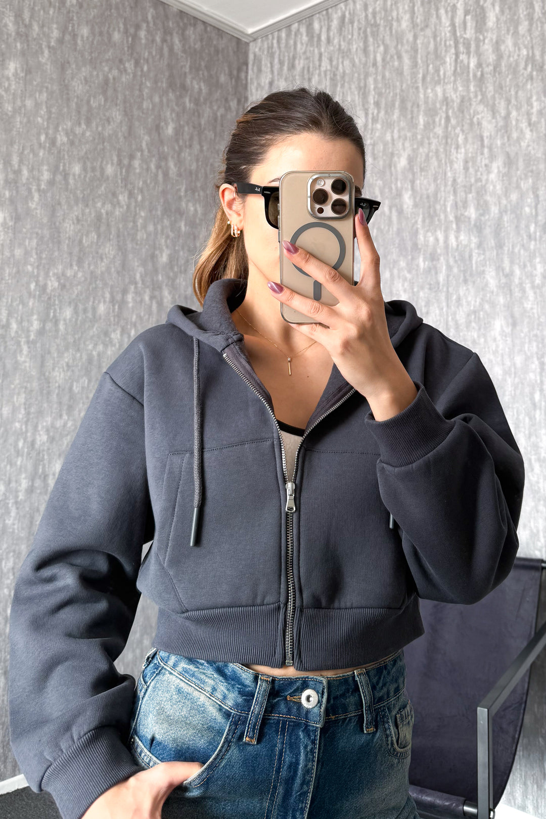 MPL Woman 3 String Hooded Saşaş Short Metal Zippered Sweatshirt 21652 - Massa