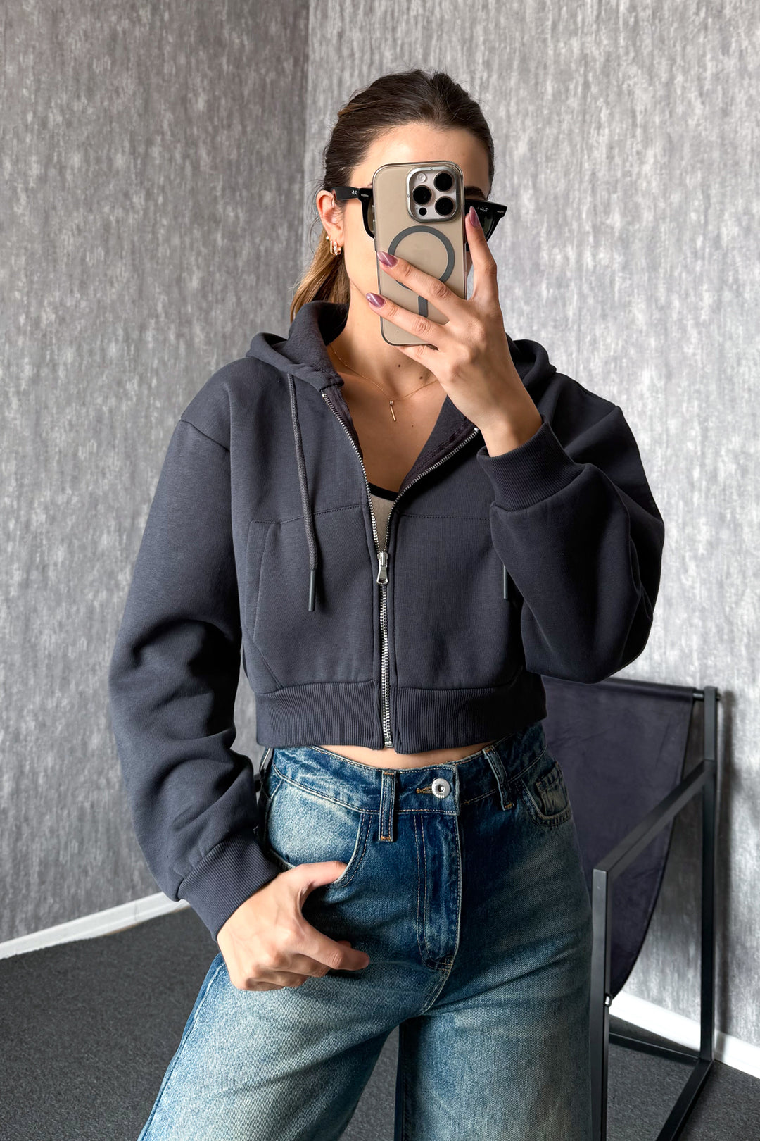 MPL Woman 3 String Hooded Saşaş Short Metal Zippered Sweatshirt 21652 - Massa
