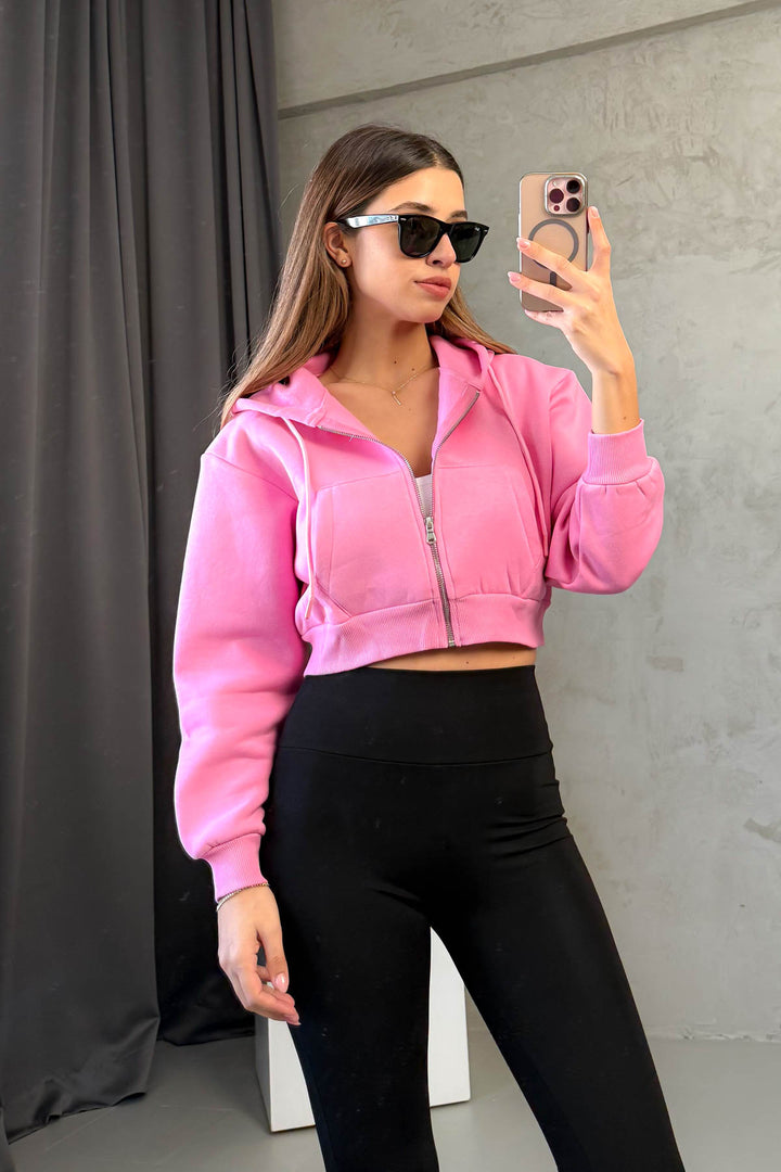 MPL Kadın 3 İp Kapşonlu  Saşaş Kısa Metal Fermuarlı Sweat 21652 - Nuremberg