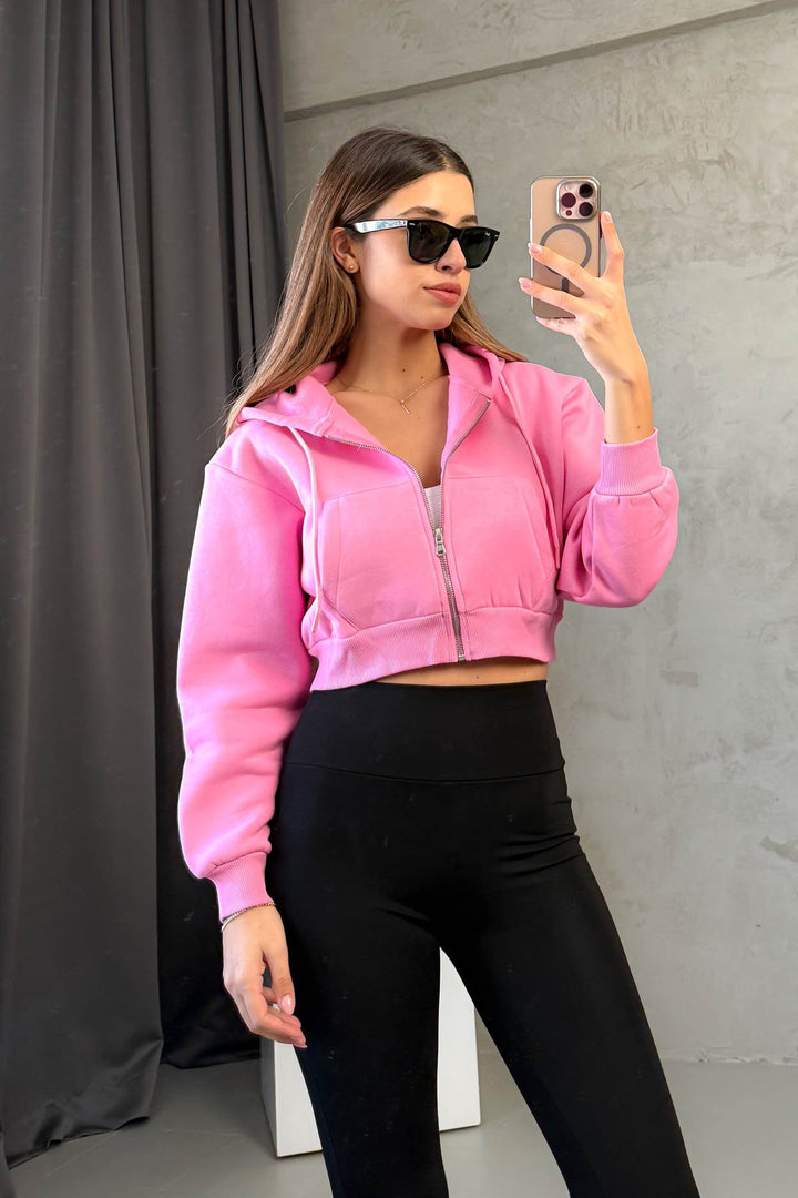 MPL Kadın 3 İp Kapşonlu  Saşaş Kısa Metal Fermuarlı Sweat 21652 - Năvodari