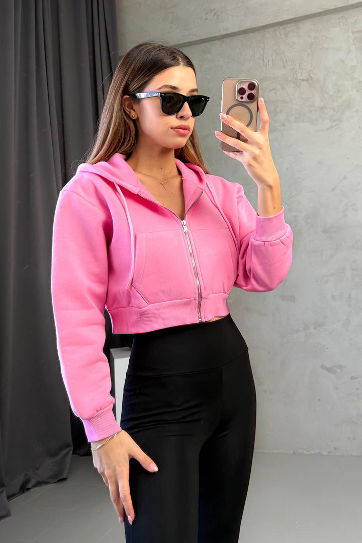 MPL Kadın 3 İp Kapşonlu  Saşaş Kısa Metal Fermuarlı Sweat 21652 - Năvodari