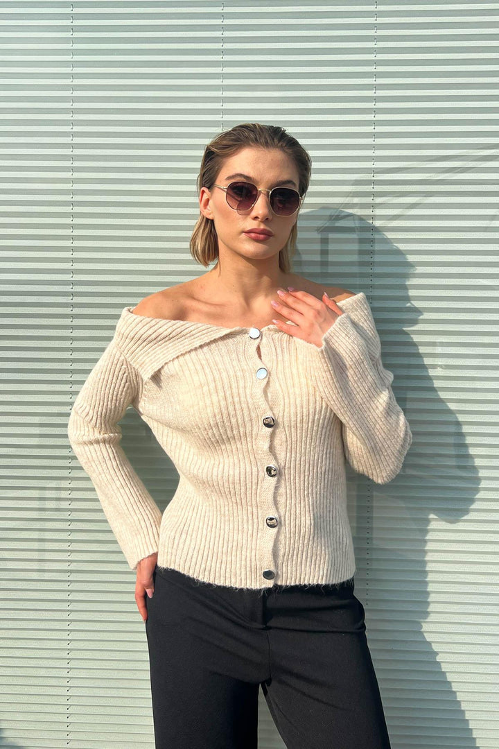 MPL Woman's Cardigan with Draped Collar and Metal Buttons 6222024 - Coachella