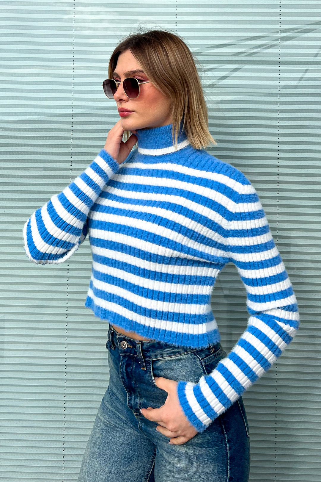 MPL Woman Striped Fisherman Collar Short Sweater 6622 - Würselen