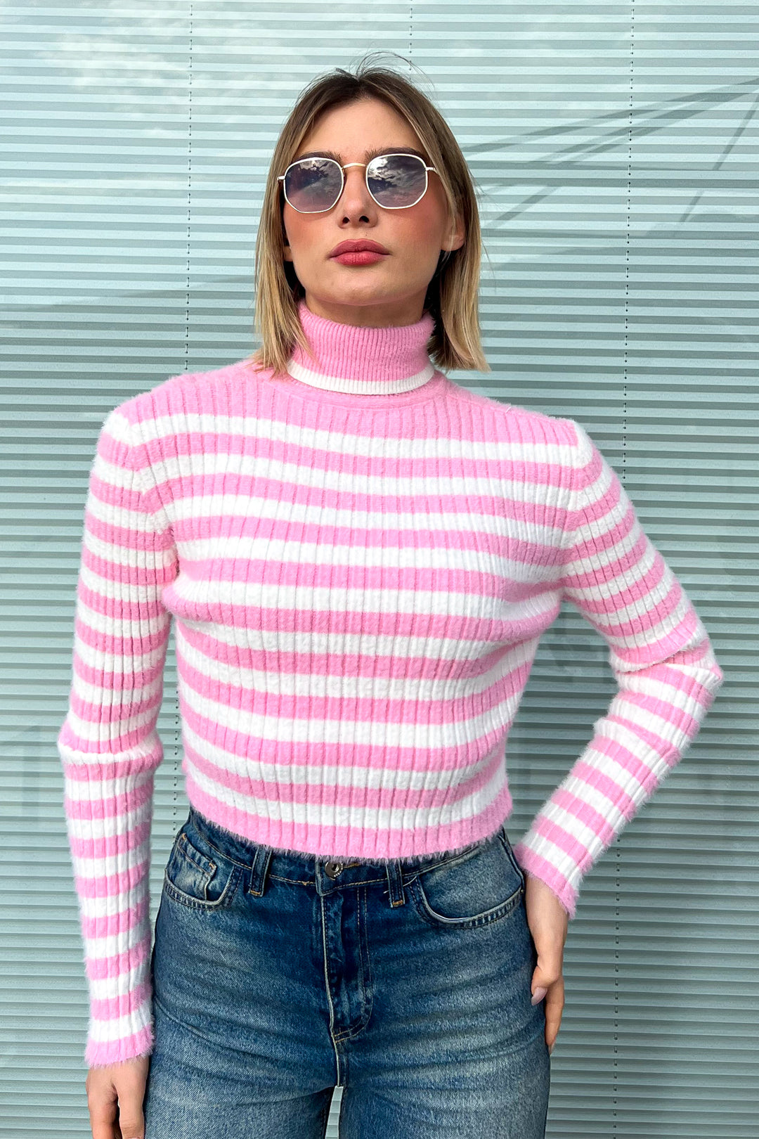 MPL Woman Striped Fisherman Collar Short Sweater 6622 - Haltom City
