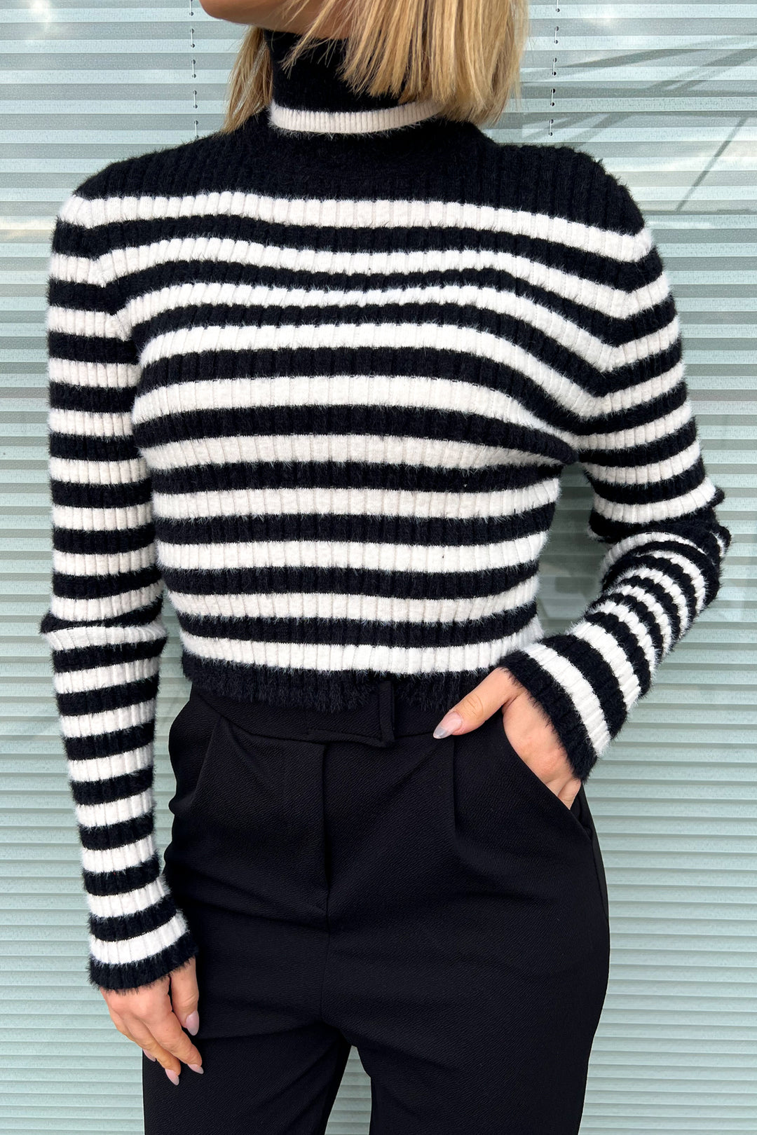 MPL Woman Striped Fisherman Collar Short Sweater 6622 - Bloomfield