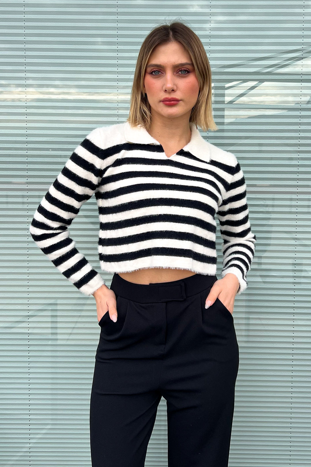 MPL Woman Polo Neck Striped Knit Crop Sweater 6624 - San Bruno