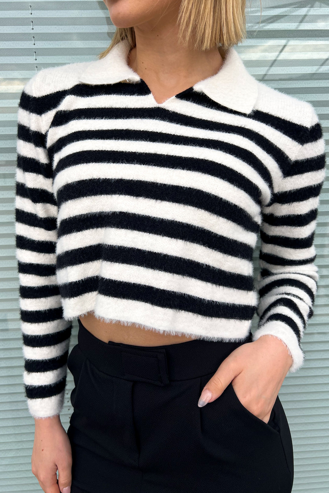 MPL Woman Polo Neck Striped Knit Crop Sweater 6624 - San Bruno