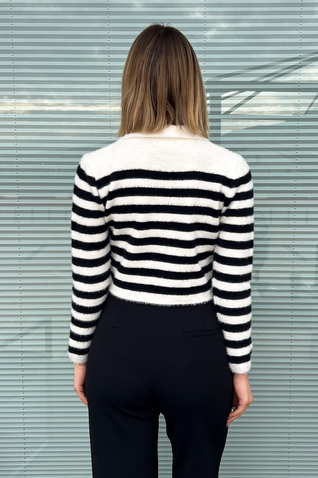 MPL Woman Polo Neck Striped Knit Crop Sweater 6624 - San Bruno