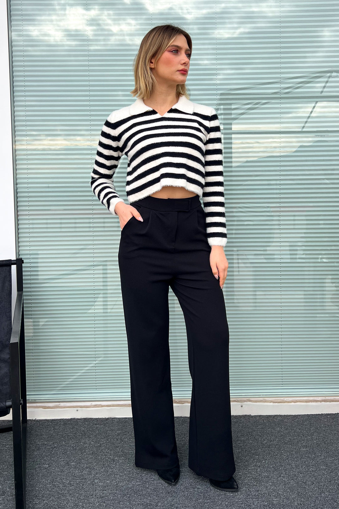 MPL Woman Polo Neck Striped Knit Crop Sweater 6624 - San Bruno