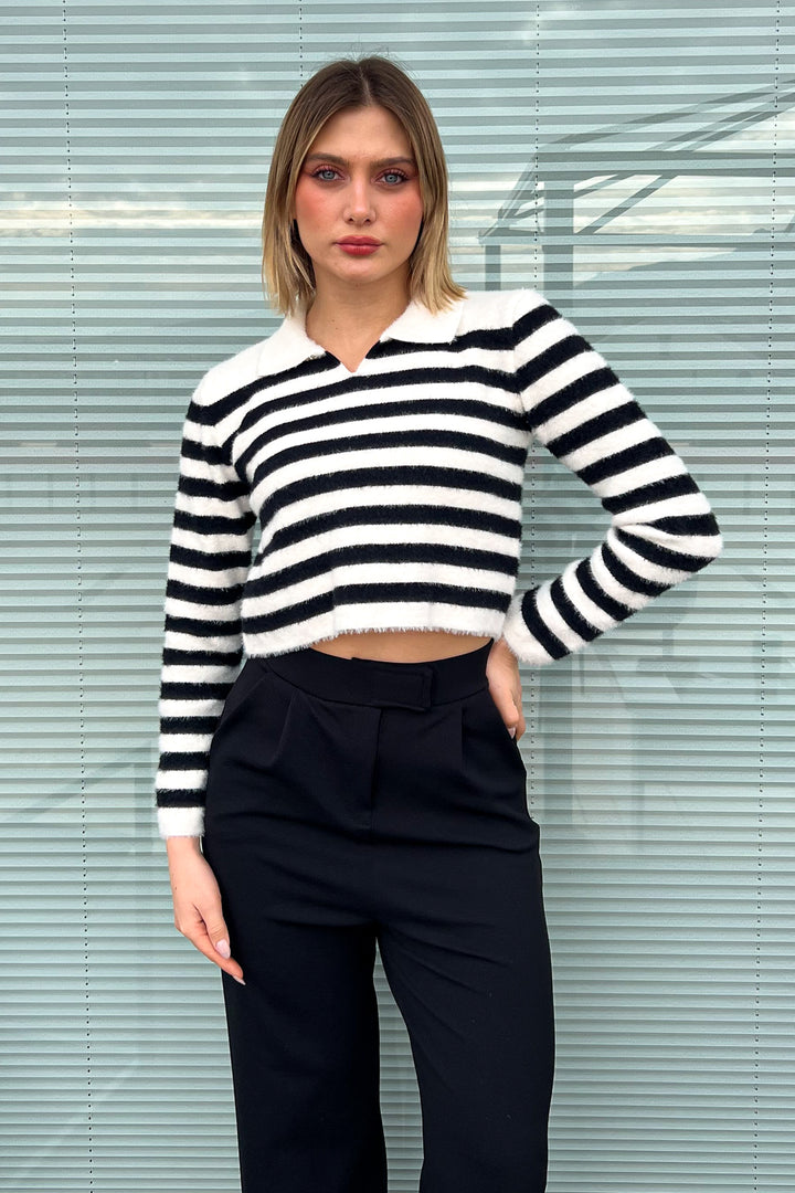 MPL Woman Polo Neck Striped Knit Crop Sweater 6624 - San Bruno