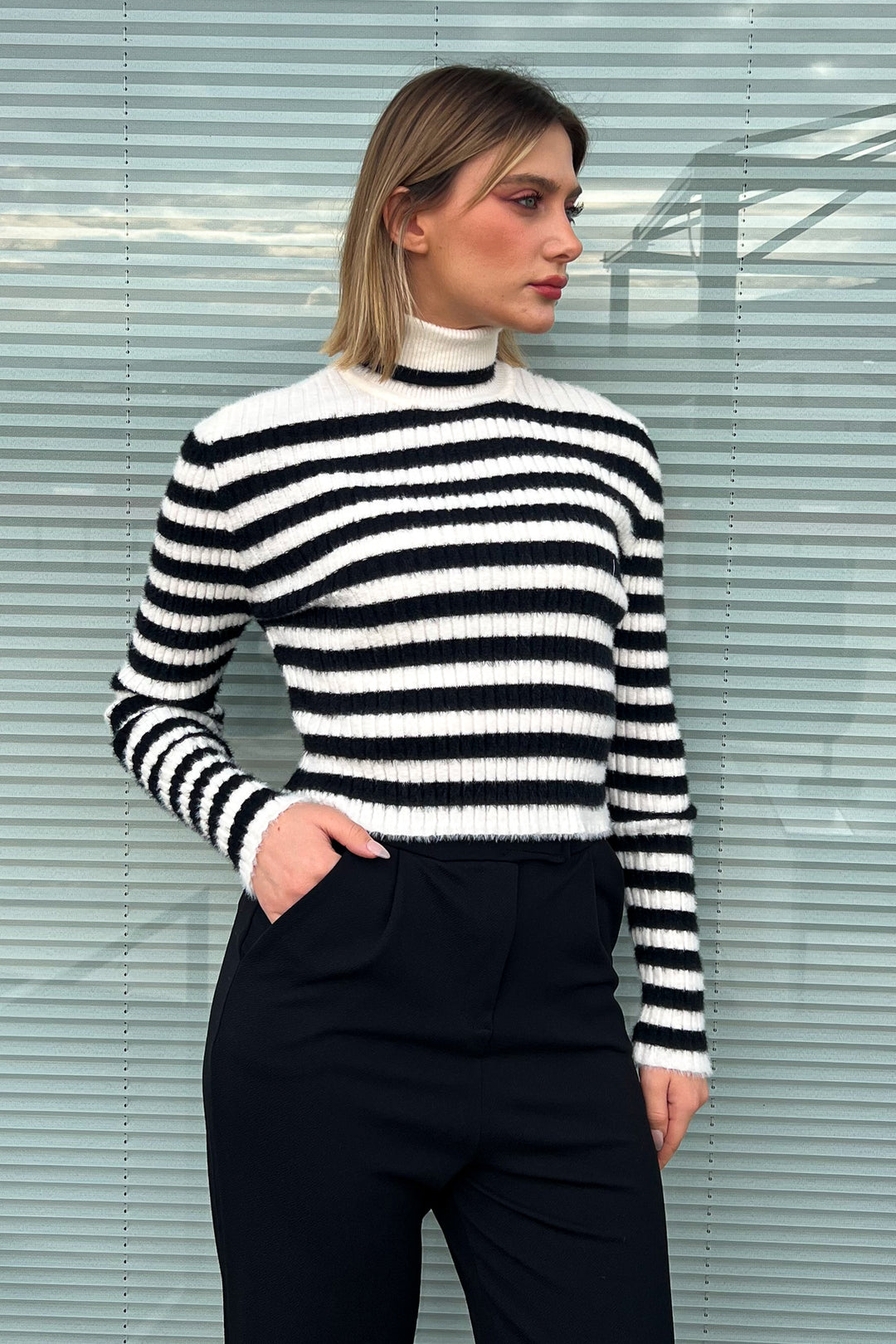 MPL Woman Polo Neck Striped Knit Crop Sweater 6624 - San Bruno