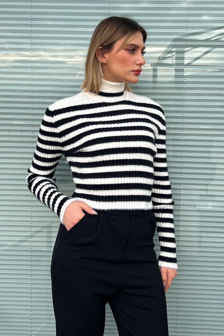 MPL Woman Polo Neck Striped Knit Crop Sweater 6624 - San Bruno